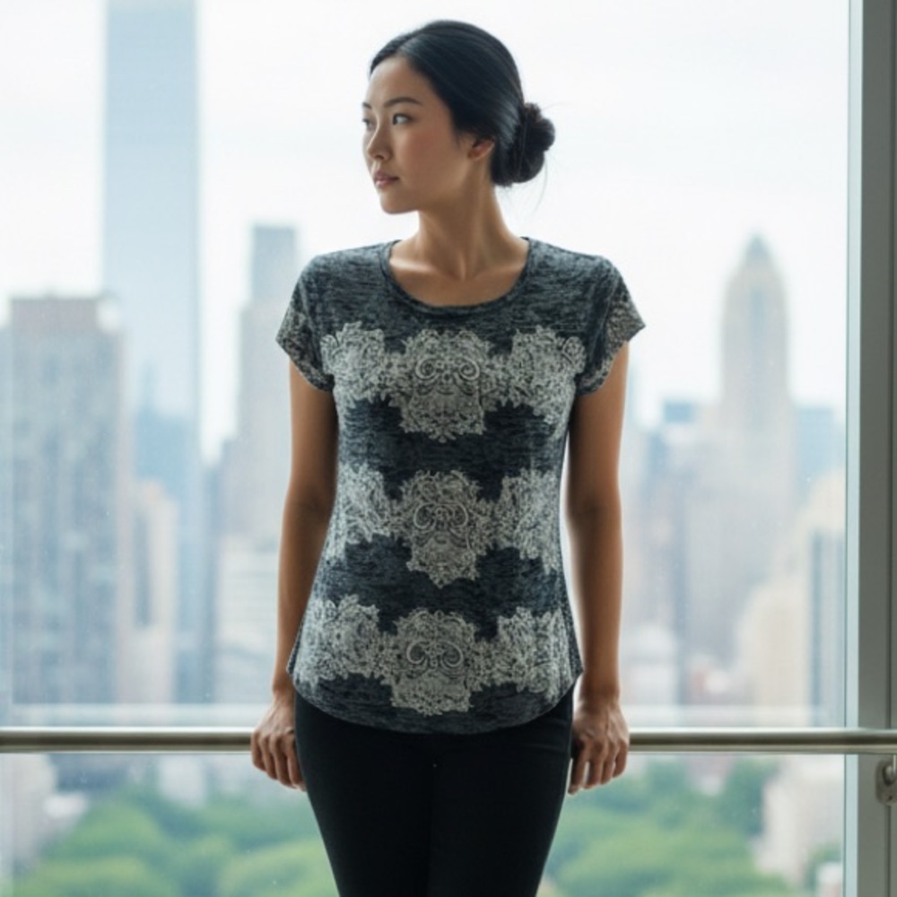 INC burnout tee with Lacey pattern and rhinestones